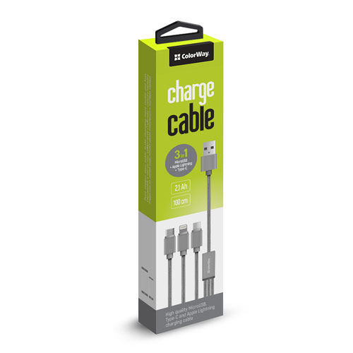 картинка Кабель Colorway 3в1 (Lightning+MicroUSB+Type-C) серый (CW-CBU3002-GR) от магазина Chako.ua