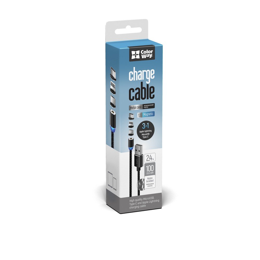 картинка Кабель Colorway USB - 3в1 (Lightning+MicroUSB+Type-C) Magnetic 2.4А 1м черный  (CW-CBUU020-BK) от магазина Chako.ua